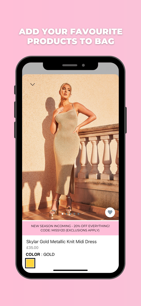 Interface do aplicativo móvel MISSYEMPIRE mostrando a página de produto de um vestido midi de malha metálica dourada com um banner promocional