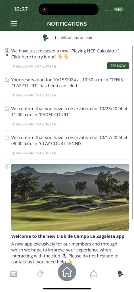Club de Campo La Zagaleta - Pantalla de notificaciones de la aplicación La Zagaleta que muestra actualizaciones de reservas y noticias del club