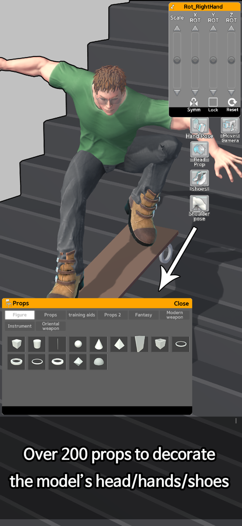 Easy Pose -Best Posing App - Um modelo de personagem 3D em um skate usando o menu de seleção de adereços do Easy Pose