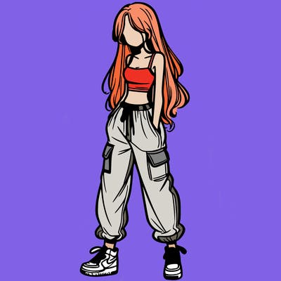 girl in baggy pants crop top and long hair