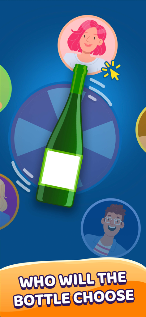 PartyFun: Finger Chooser Games - Una pantalla de juego digital de girar la botella de la aplicación PartyFun mostrando una botella verde girando entre avatares de jugadores