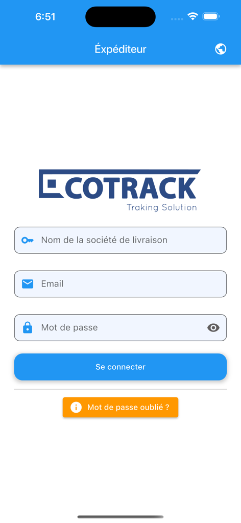 ECOTRACK - Expéditeur - ECOTRACK Expéditeur配送アプリのログイン画面、配送会社名、メールアドレス、パスワードのフィールドが表示されています