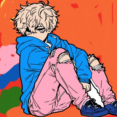 a male hoddie ripped jeans messy hair anime