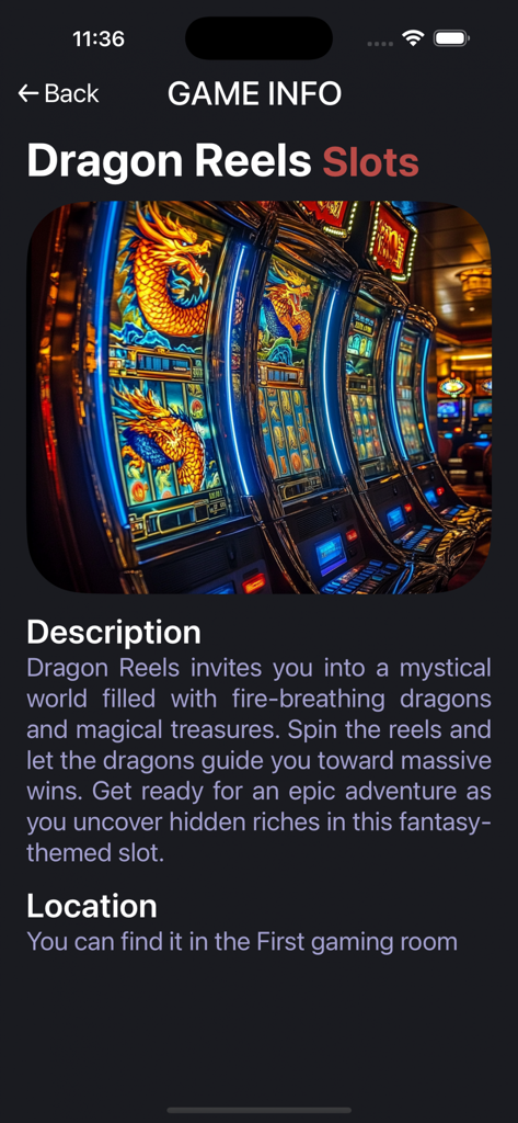 Day Winner Lounge - Day Winner Lounge app screen displaying details and location for the Dragon Reels slot machine.