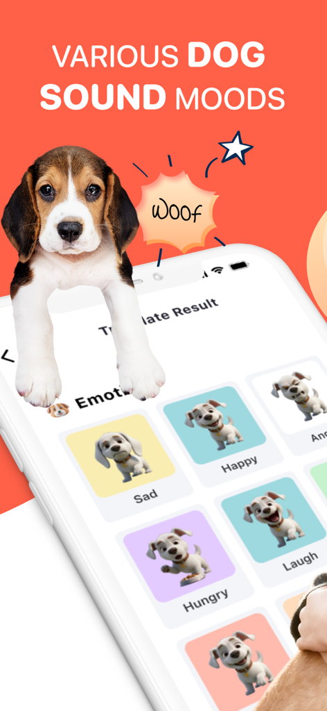 Interfaz de la aplicación Dog Translator que muestra diferentes categorías de emociones caninas y un cachorro beagle