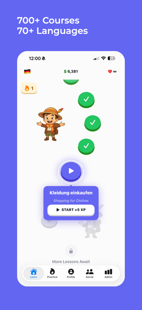 lairner - Screenshot of the lairner app interface showing a German language course path with a lesson popup for shopping