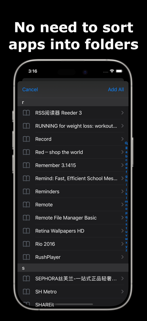 Interface of Shortcut Manager Pro showing an alphabetical list of apps to avoid using folders