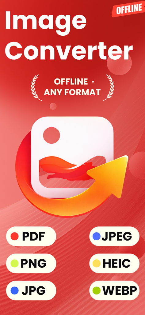 Image Converter: JPEG HEIC PDF - 画像変換アプリが、オフライン変換のためにPDF JPEG HEIC PNGなどのサポートされているフォーマットを表示しています
