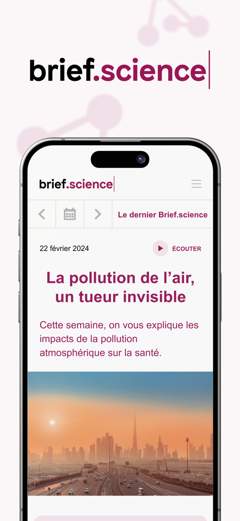 Brief.science - Brief.science mobile app interface showing a featured scientific article about air pollution and health impacts