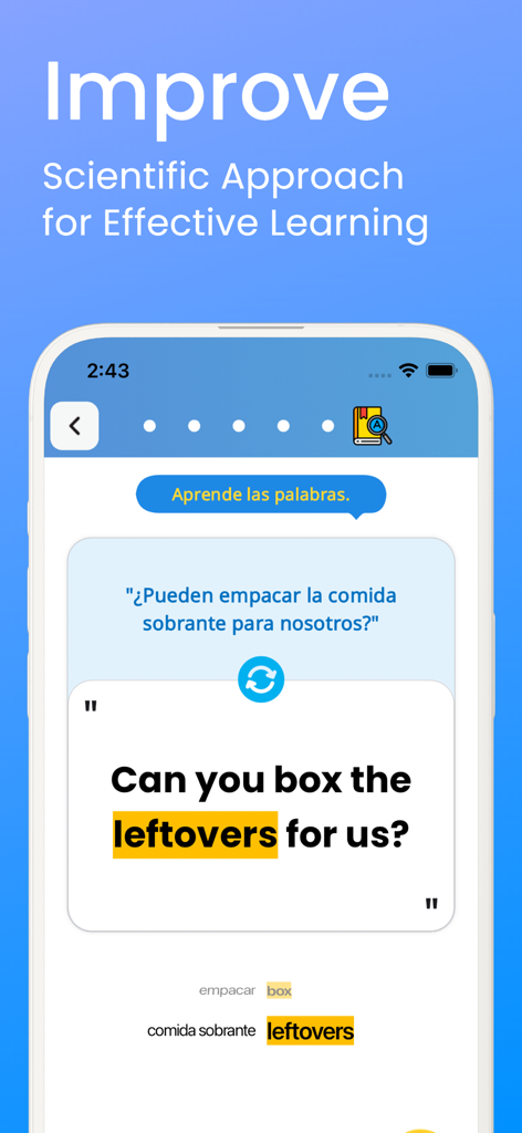 Spoken English Sentence 10000+ - English learning app interface showing a Spanish to English translation for common daily sentences.