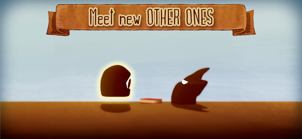 Dois personagens de silhueta parados perto de um livro vermelho sob um banner que diz Conheça novos OUTROS