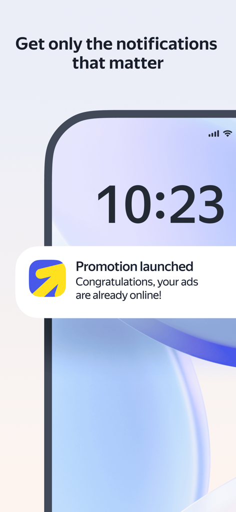 Yandex Direct mobile app notification on a phone screen showing a promotion launched success message
