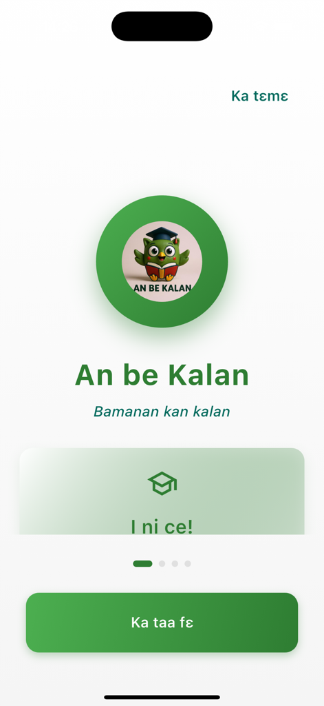 AN BE KALAN - Pantalla de bienvenida de An be Kalan para aprender el idioma Bambara