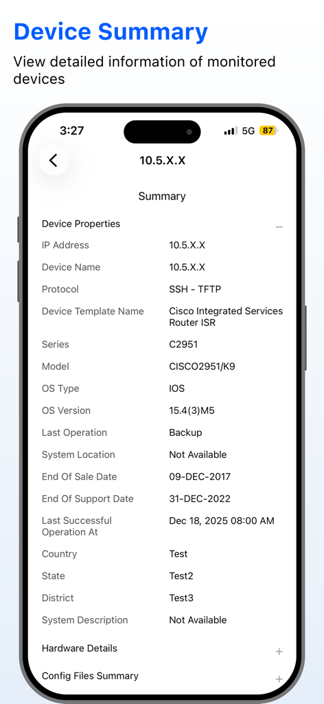 Network Configuration Manager - Device summary screen showing properties of a Cisco router in the Network Configuration Manager app