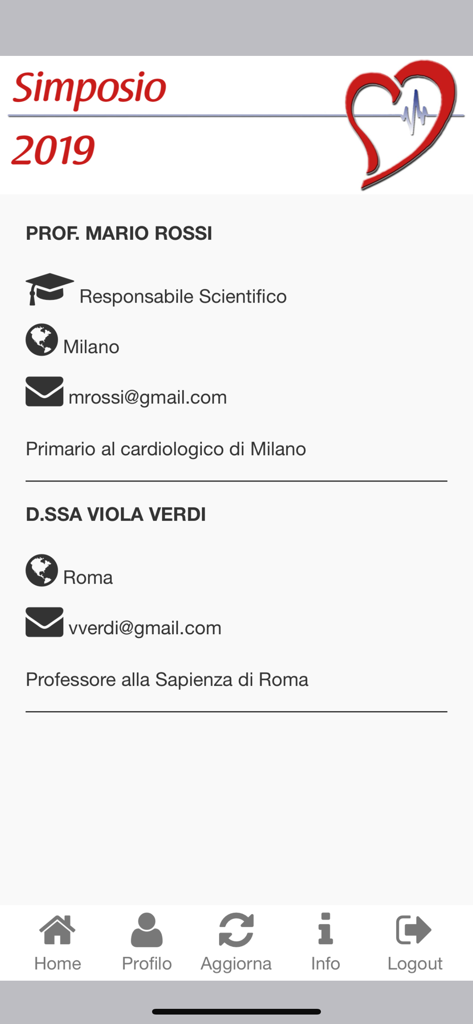 Interface of the Deep ECM app showing a list of medical speakers and their contact information for a 2019 symposium