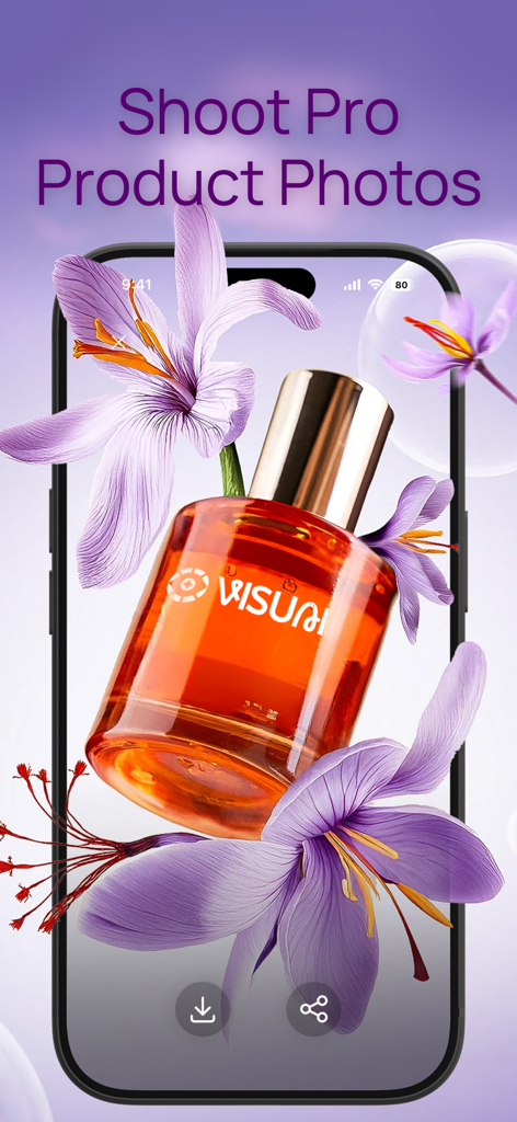AI Image Generator - VisuAI - VisuAI app displaying a high quality perfume bottle photo with floral background elements