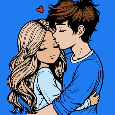 a realistic couple boy and girl hugging and kissing