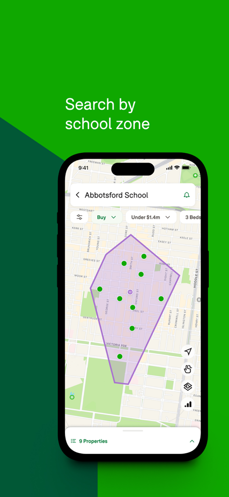 Domain real estate app screen showing property search by school zone map feature