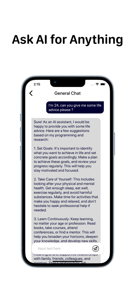 Smartphone screen showing Copilot AI providing life advice in a general chat interface under the headline Ask AI for Anything.