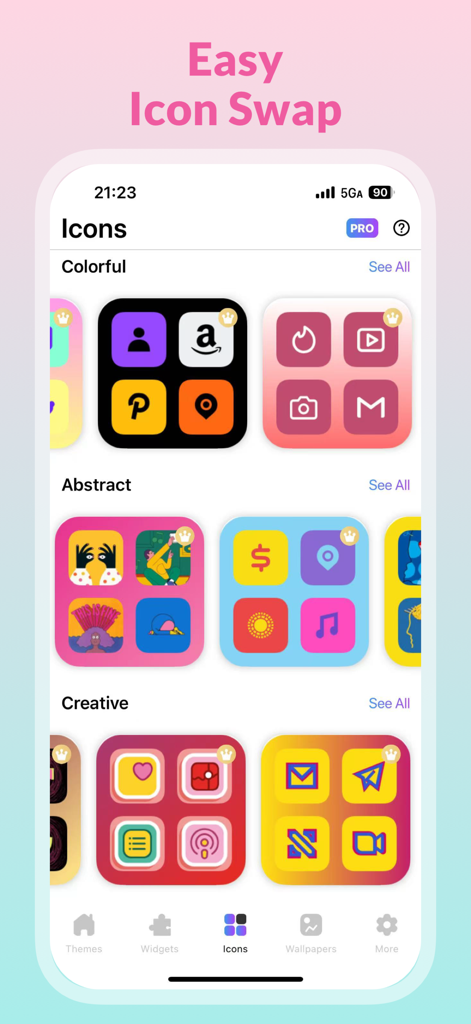 Mixy-Themes, Lock Widget - Interfaccia che mostra vari pacchetti di icone per app estetiche categorizzati per stile nell'app Mixy