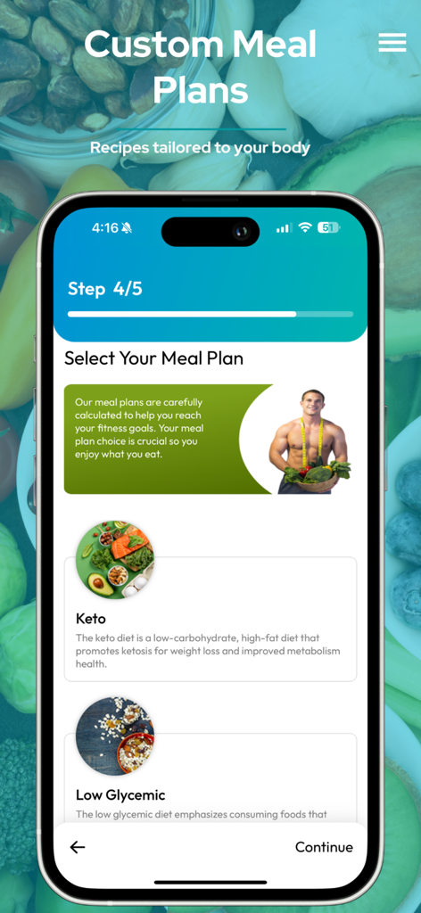BodyRecomp: Meal & Workout - パーソナライズされた食事プランを選択するためのモバイルアプリ画面。ケトや低グリセミックオプションが含まれます。