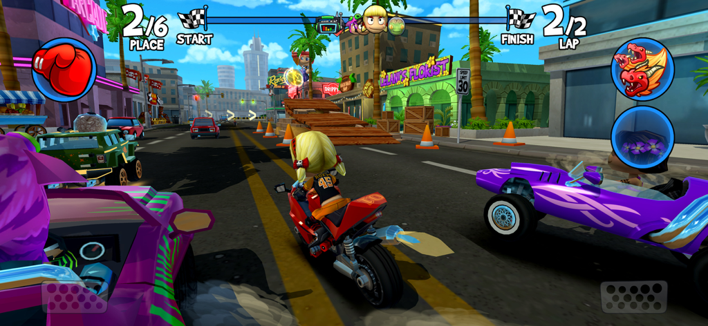Beach Buggy Racing 2 - Gameplay screenshot of Beach Buggy Racing 2 featuring a character on a motorcycle racing colorful cars through a city street track.