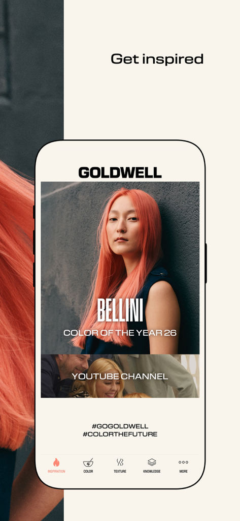 GOLDWELL EDUCATION PLUS - Screenshot of the Goldwell Education Plus app showing the Bellini Color of the Year 26 and hair color inspiration tools for stylists
