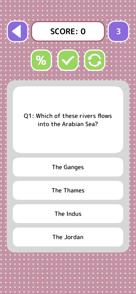 Geography Quiz - Game - Geography quiz app screen with a multiple choice question about world rivers