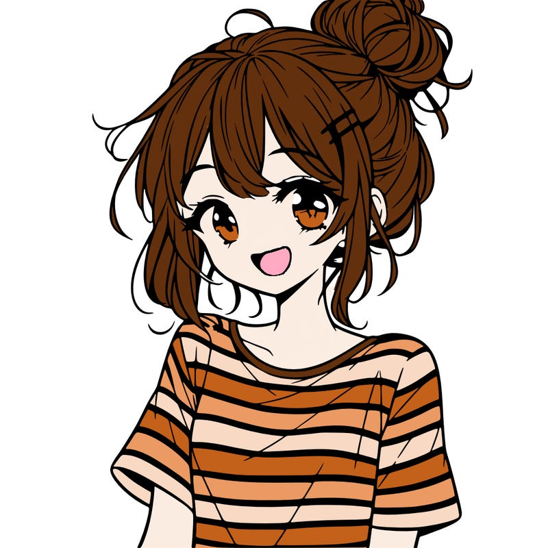 anime girl teenager striped shirt and smile and messy bun