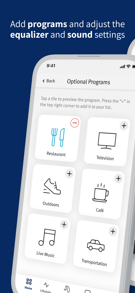 Hearing Remote app screen displaying optional listening programs for environments like restaurants and television.
