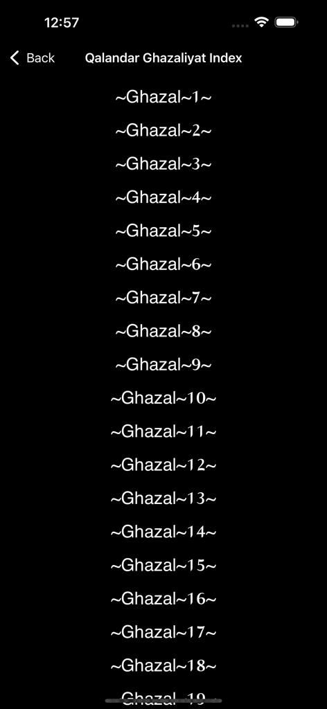 Index of 19 Ghazals in the Spiritual Poetry Lal Qalandar app displayed in a list on a dark background