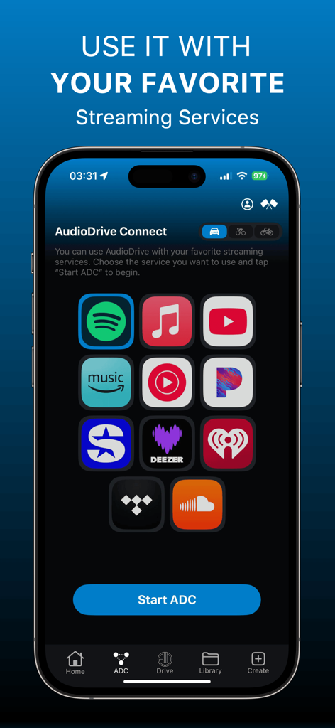 Interface do aplicativo AudioDrive exibindo vários serviços de streaming de música suportados para música de condução interativa.