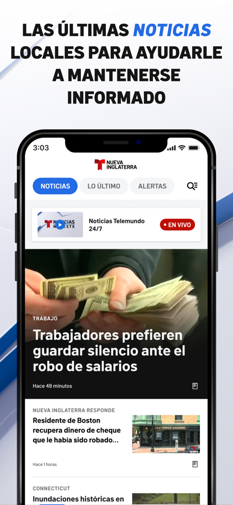 Telemundo Nueva Inglaterra - Interface de l'application Telemundo Nueva Inglaterra affichant les titres de l'actualité locale et les reportages d'investigation en espagnol