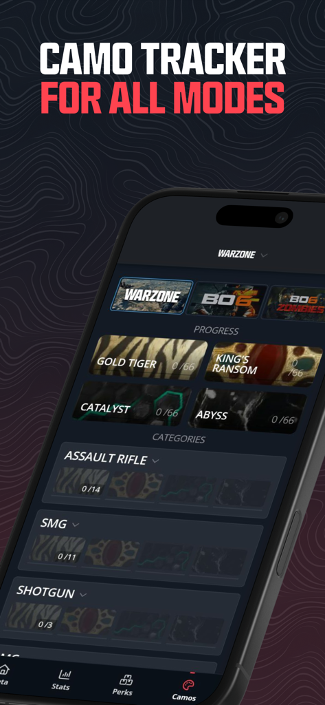Warzone Meta & Loadout - BO7 - Screenshot of the Camo Tracker interface in the Warzone Meta and Loadout BO7 app showing weapon skin progress
