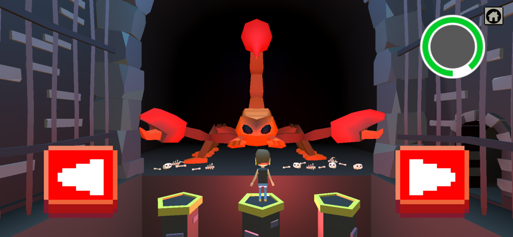 Hussy Hicks - A low-poly 3D adventure game scene where a character faces a giant red scorpion in a dark dungeon