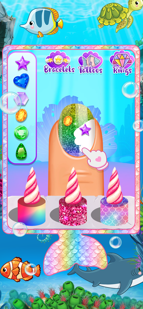 Screenshot der Little Mermaid Phone App, der einen glitzernden Nagelstudio- und Maniküre-Minispiel für Kinder zeigt.