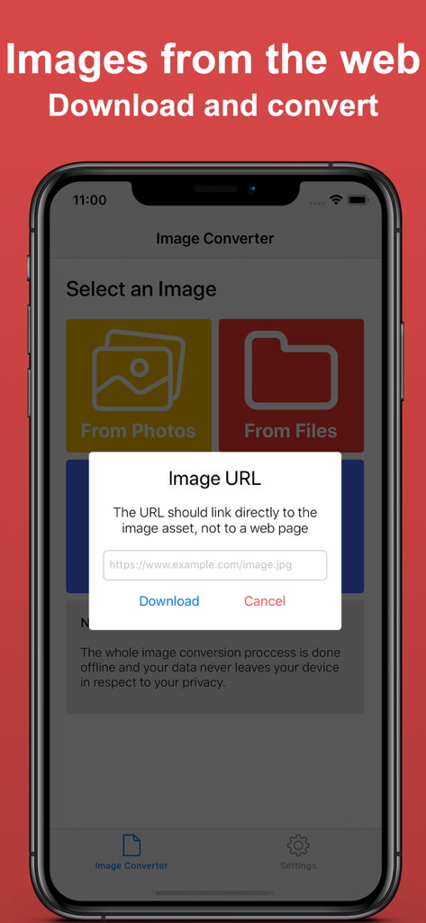 Screenshot of Offline Image Converter app showing a pop-up to enter an image URL for downloading and conversion.