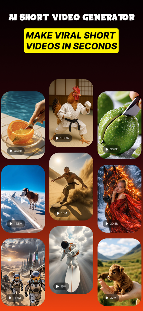 GenV - AI Video Generator - A showcase of diverse AI-generated short videos including a karate rooster and a surfing astronaut illustrating viral content creation.