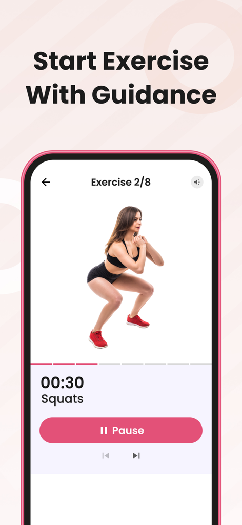 FitMe: Home Workout for Women - Pantalla de la aplicación FitMe mostrando a una mujer haciendo sentadillas con guía de ejercicios y un temporizador