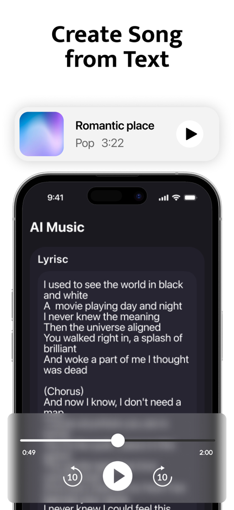 Eleven Labs: AI Music & Songs - Smartphone interface of an AI music generator showing text to song creation with lyrics
