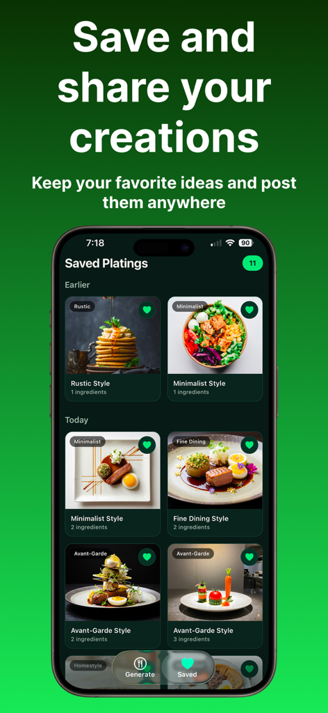 AI Food Plating - A gallery of saved food plating designs in the AI Food Plating app showing styles like fine dining and avant-garde