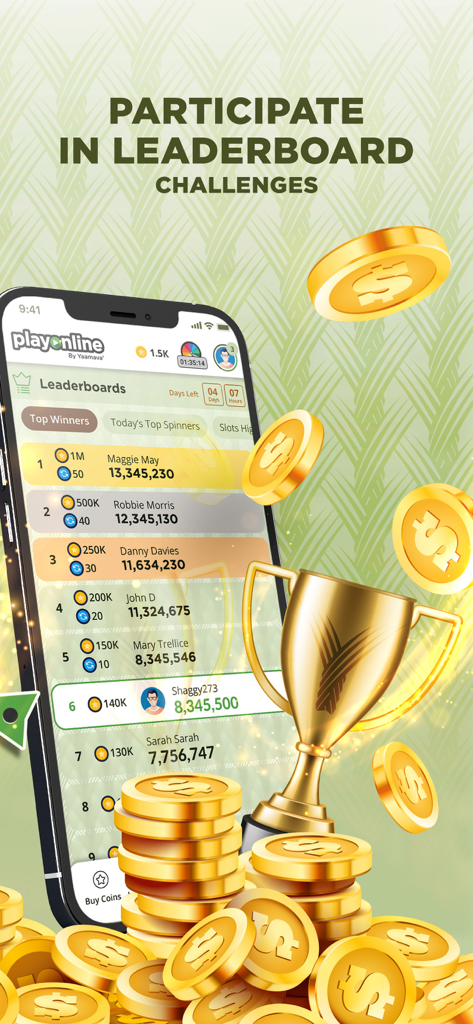 Leaderboard rankings screen in the Play Online by Yaamava app showing top players and a gold trophy