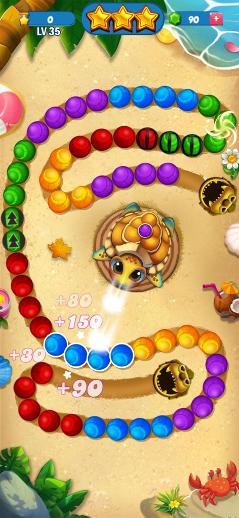 Marble Blast 3D - Marble Blast 3D-Gameplay-Screenshot, der eine Schildkröte zeigt, die bunte Murmeln auf einem Sandstrand-Level verschießt