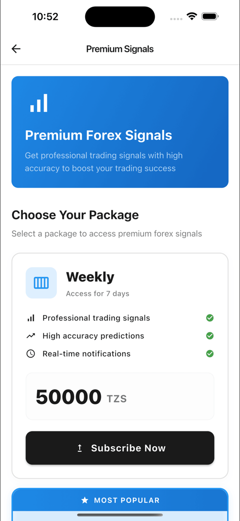 Vision Trader app subscription screen for weekly premium forex signals showing pricing and features
