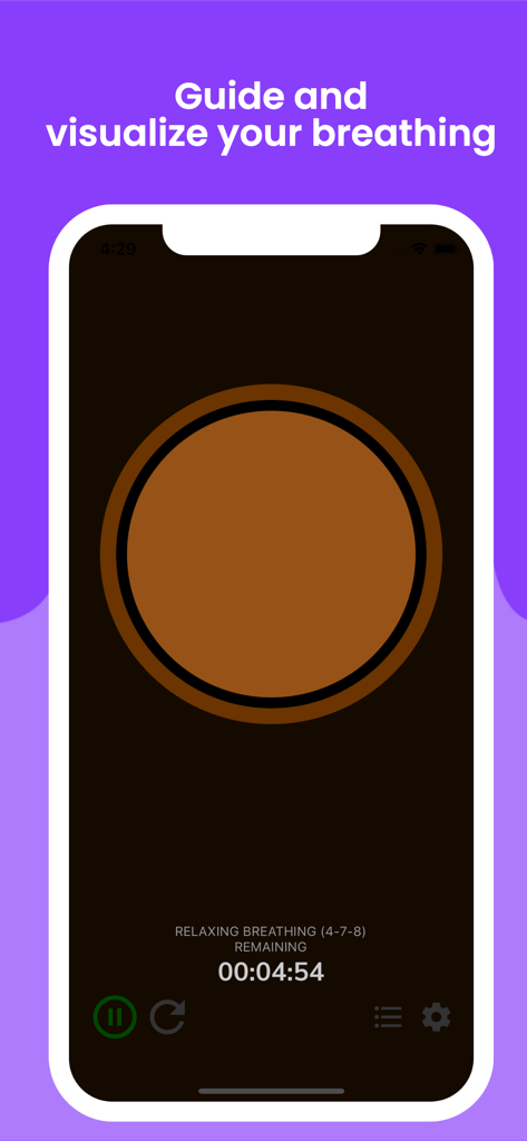 A minimalist interface of Awesome Breathing app showing a circular breathing pacer for the 4-7-8 relaxing technique
