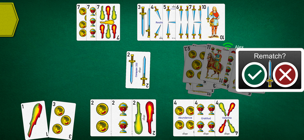 A digital screen of the Conquian 333 card game showing Spanish-style cards on a green table with a rematch prompt.