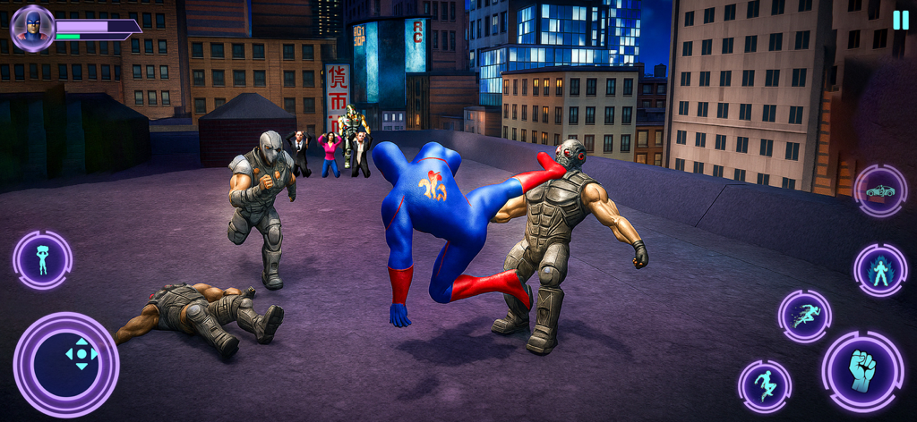 Grand Superhero Justice Sim - 밤의 옥상 전투 중 용권 슈퍼히어로가 악당에게 하이킥을 날리는 모습