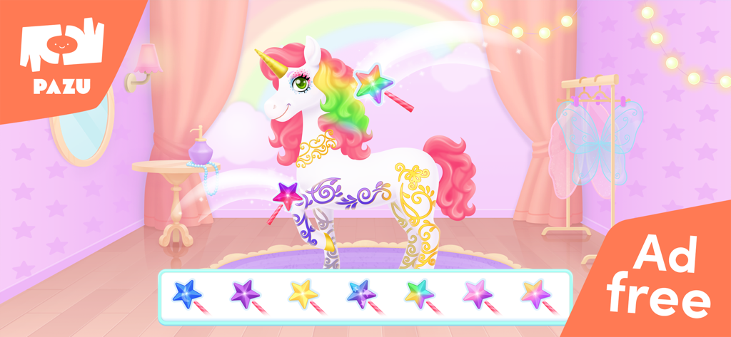 My Unicorn dress up for kids - A white unicorn with a rainbow mane being customized with colorful magic wands in an ad free kids game