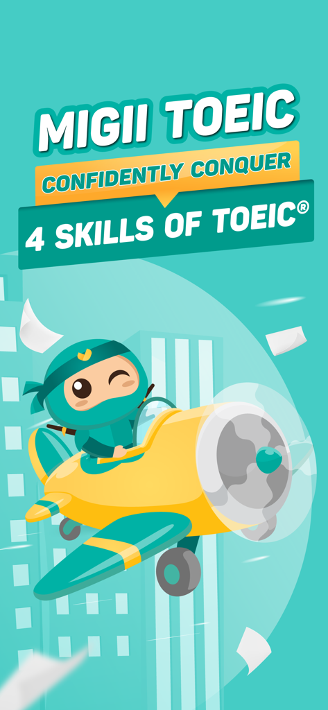 Pantalla de inicio de la aplicación Migii TOEIC con un ninja caricaturizado volando un avión y el texto Domina con confianza las 4 habilidades del TOEIC