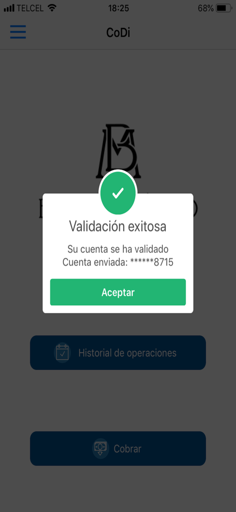 CoDi Banxico -solo para cobrar - CoDi Banxico mobile app showing a successful account validation screen with a green checkmark
